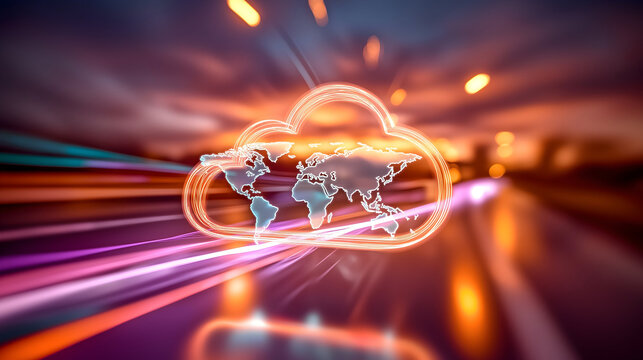 A glowing cloud icon with a world map inside floats over vibrant streaks of light, symbolizing global cloud computing and data connectivity. - Powered by Adobe