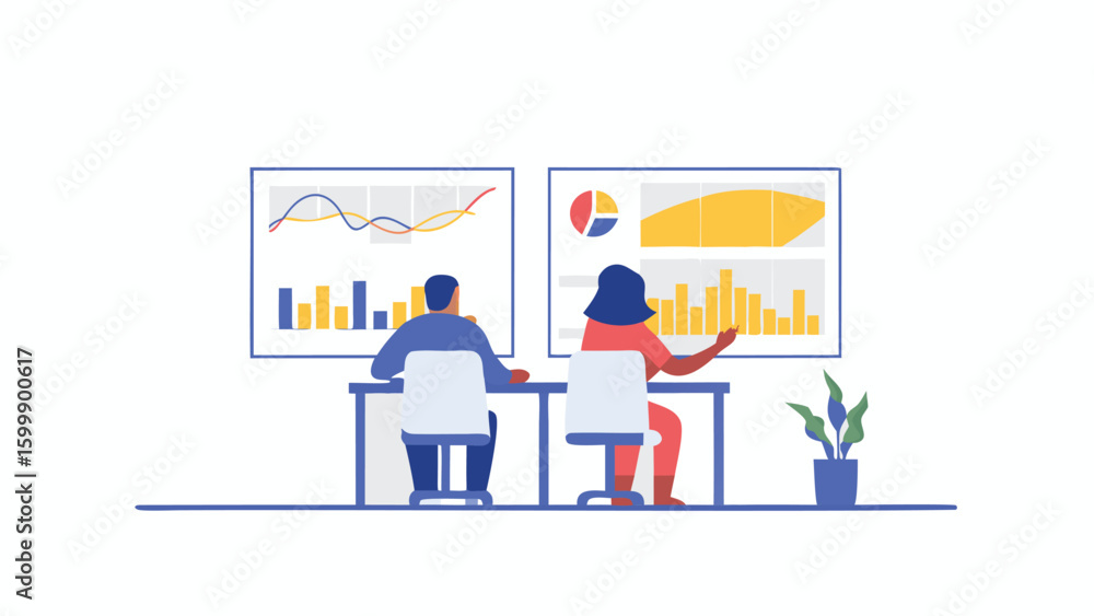 Poster two people analyzing data charts and graphs on screen in an office environment in a meeting room