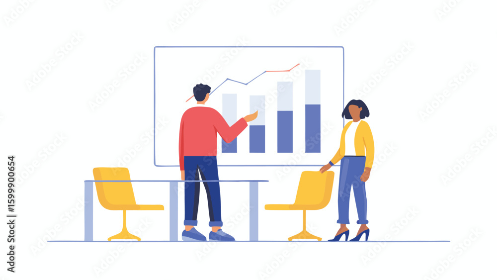 Aufkleber two people discussing a bar graph and line graph on a whiteboard in an office setting scenario of wo