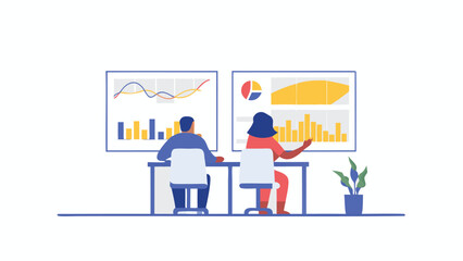 Two people analyzing data charts and graphs on screen in an office environment in a meeting room
