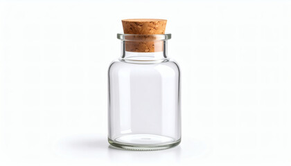 Empty Bottle with Cork Isolated on White Background, Clear Glass Bottle with Natural Cork Stopper, Transparent Container for Packaging and Design