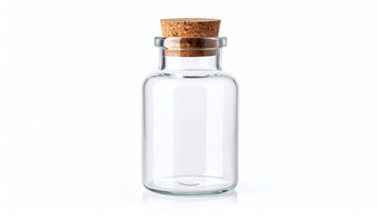 Empty Bottle with Cork Isolated on White Background, Clear Glass Bottle with Natural Cork Stopper, Transparent Container for Packaging and Design