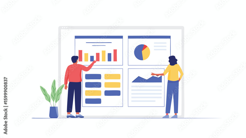 Poster people analyzing data charts and graphs on a large screen with a plant in the corner of the room