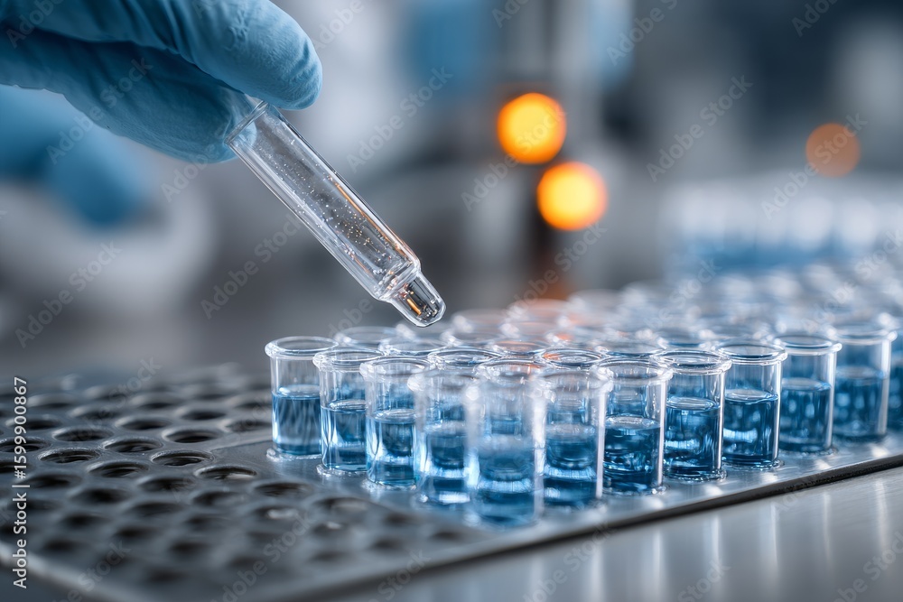 Poster laboratory technician conducting an experiment with test tubes and blue liquid in a modern lab setti