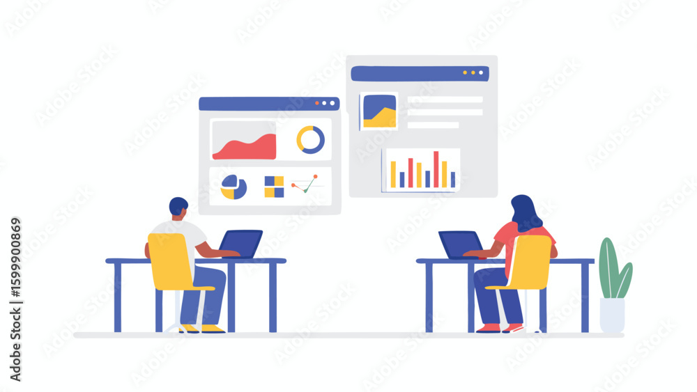 Poster two people working on laptops with data dashboards displayed in a modern office setting illustration