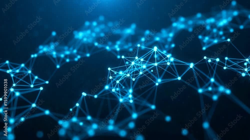 Poster abstract digital network of glowing blue nodes and lines representing data and connections