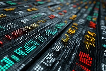 Stock market display showcasing live ticker symbols and data at a bustling financial center during trading hours