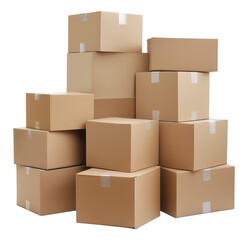 Stacked cardboard boxes showing packing and delivery of packages against a transparent background