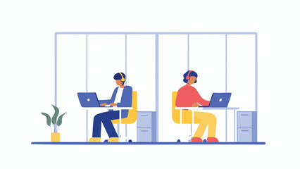 Two individuals working at desks with laptops and headphones in a modern office setting visible