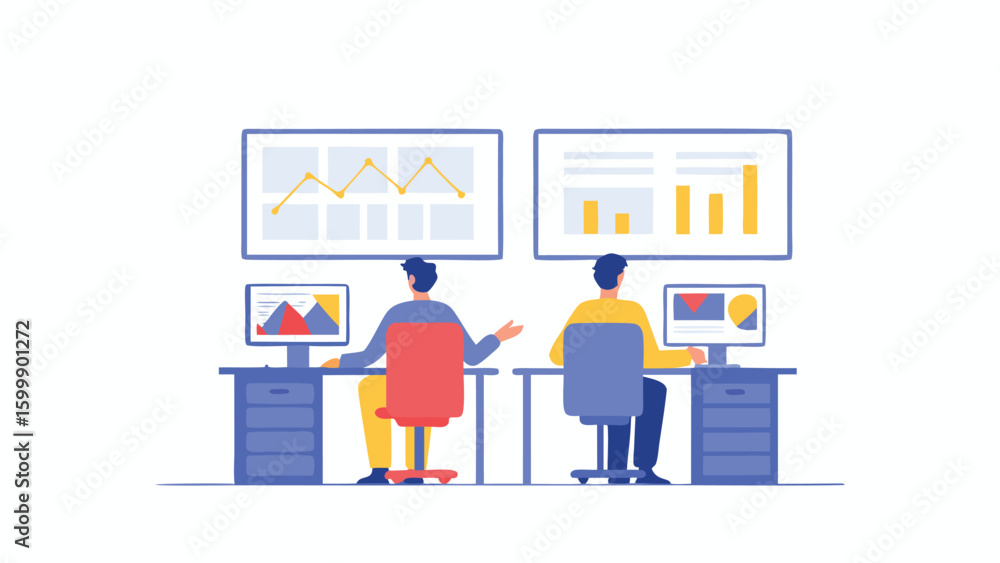Poster two people working at desks with charts on screens in a modern office environment setting design