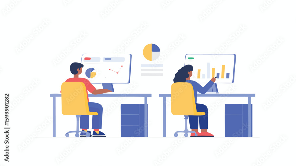 Aufkleber two people working at desks with monitors displaying charts and graphs in a modern office setting