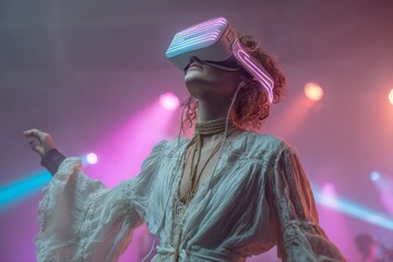 Virtual reality experience at an immersive music event featuring captivating visuals and vibrant lighting