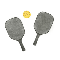 Handwriting Pickleball paddles with balls illustration , watercolor, outdoor sports