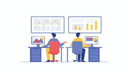 Two people working at desks with charts on screens in a modern office environment setting design