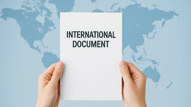Tariff, trade war. International document held by hand over paper with world map background illustrating global connection and international
