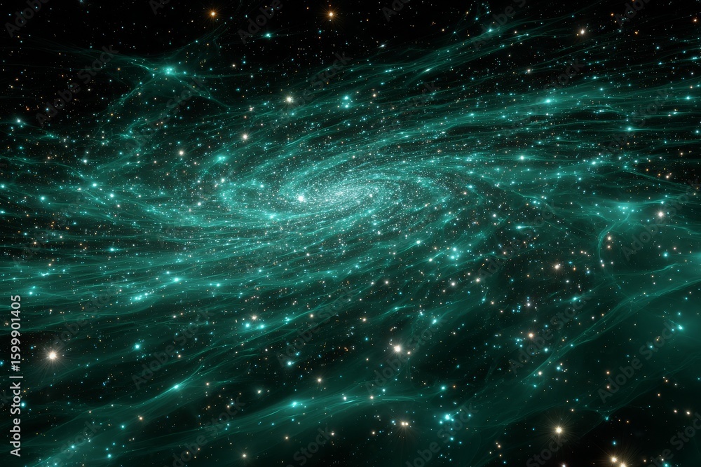 Poster bright turquoise galaxy swirling through the cosmos with sparkling stars in the dark universe during