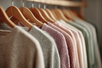 Display of colorful sweaters on wooden hangers in a cozy boutique during the autumn season