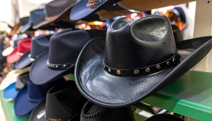 Cowboy hats displayed on shelves