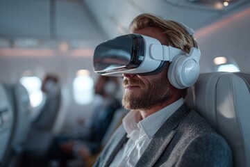 Passenger enjoys virtual reality experience while flying on an airplane at high altitude during daytime travel