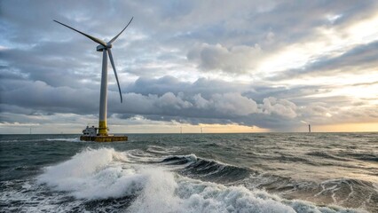 Wind turbines harness renewable wind energy against a blue sky, generating electricity over the sea and along the beach