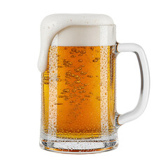 Cold Frothy Beer Mug with Amber Liquid and Bubbles on Clear Glass