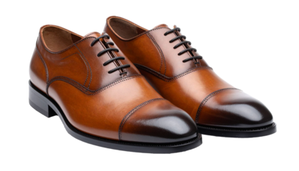Classic elegant polished brown leather oxford cap toe dress shoes on transparent background