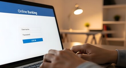 Person Typing on Laptop Accessing Online Banking in Warmly Lit Room