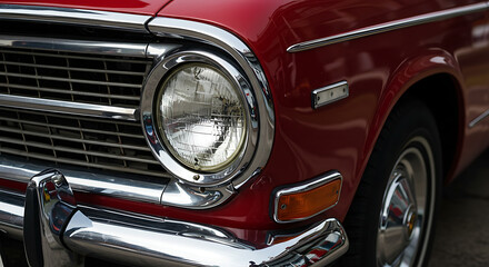 The iconic front of a vintage red car, featuring a prominent round chrome headlight and classic grille.


