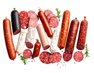 Variety of smoked sausages with slices and rosemary on transparent background