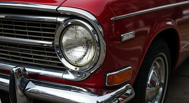 Fototapeta The iconic front of a vintage red car, featuring a prominent round chrome headlight and classic grille.  