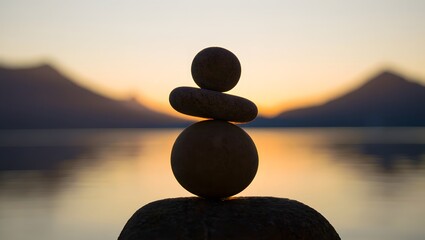 Balanced Stones on a Rocky Shoreline at Sunset