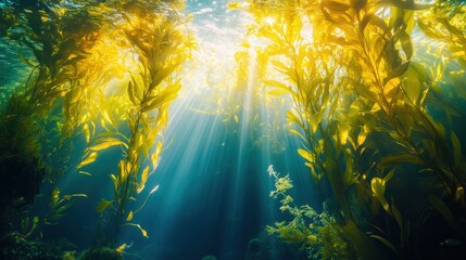 Fototapeta premium Sunlight streams through underwater kelp forest.
