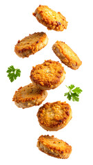 Breaded chicken nuggets falling with parsley on transparent background