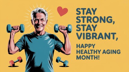 Celebrate vibrant living while staying strong for healthy aging this month with a bold greeting card design. Healthy Aging Month
