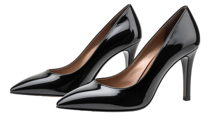 Pair of black patent leather high heel shoes isolated on transparent background