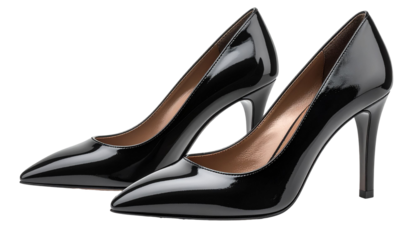 Pair of black patent leather high heel shoes isolated on transparent background