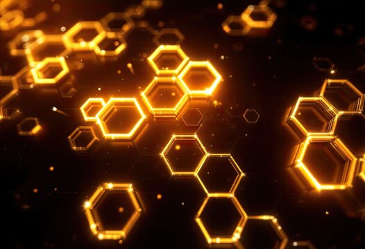 Glowing orange hexagonal network pattern on dark background, resembling a futuristic honeycomb structure with depth and subtle sparkle