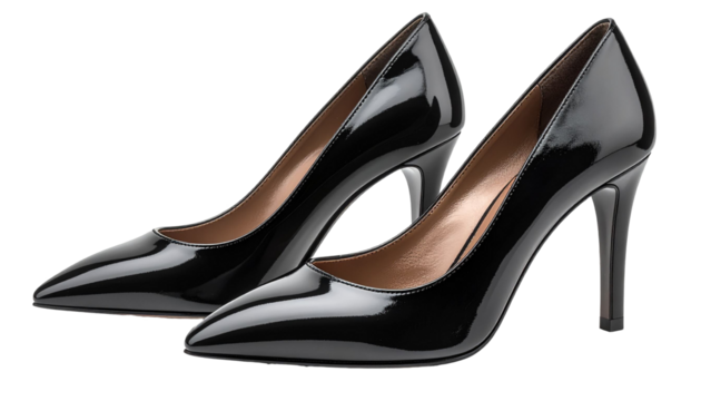 Pair of black patent leather high heel shoes isolated on transparent background