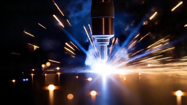 Industrial laser cutter creating sparks in dark workshop environment  