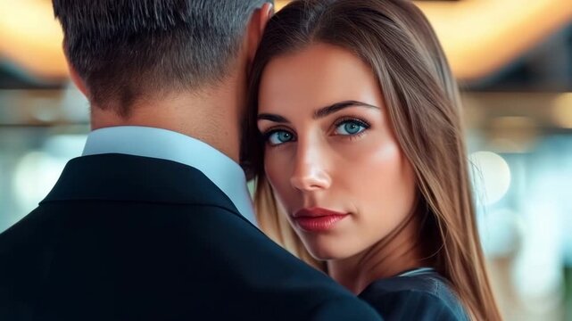 A woman experiences unwanted attention from a man during an interaction at a corporate event. The setting showcases the discomfort created by inappropriate behavior in the workplace atmosphere