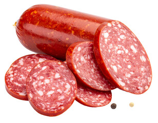 Smoked sausage with slices and peppercorns on transparent background