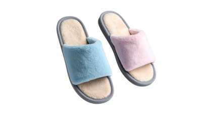 Pair of cozy home slippers floating on transparent background