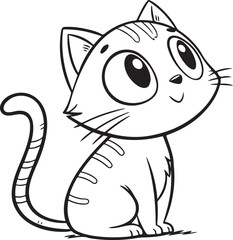 Cute Cartoon Cat Vector in Black and White Line Art Style for Sticker or Coloring Page

