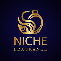 Luxury Niche Perfume Brand Logo with Gold Eco Leaf Design on Elegant Dark Background