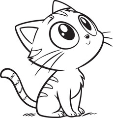 Cute Cartoon Cat Vector in Black and White Line Art Style for Sticker or Coloring Page

