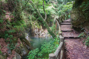 Forest hiking trail, with pond and stream in background and trees overhead, leading to Ontaki waterfall, the largest of the Nunobiki Falls in Kobe City, Hyogo, Japan