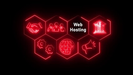 Neon line Web Hosting  concept button on a futuristic computer screen display with hexagon shapes and science tic symbols on rotating world map icon. technology network background  - Powered by Adobe