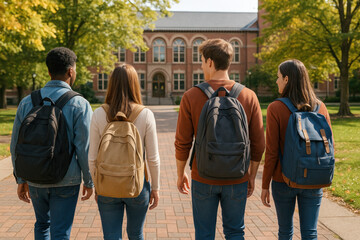 students walk down a sidewalk.