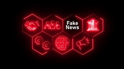 Neon line Fake News concept button on a futuristic computer screen display with hexagon shapes and science tic symbols on rotating world map icon. technology network background  - Powered by Adobe