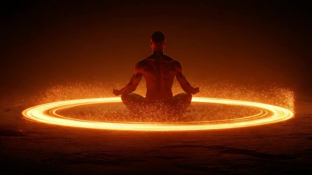 Meditating man in a glowing circle surrounded by sparks, achieving inner peace and mindfulness